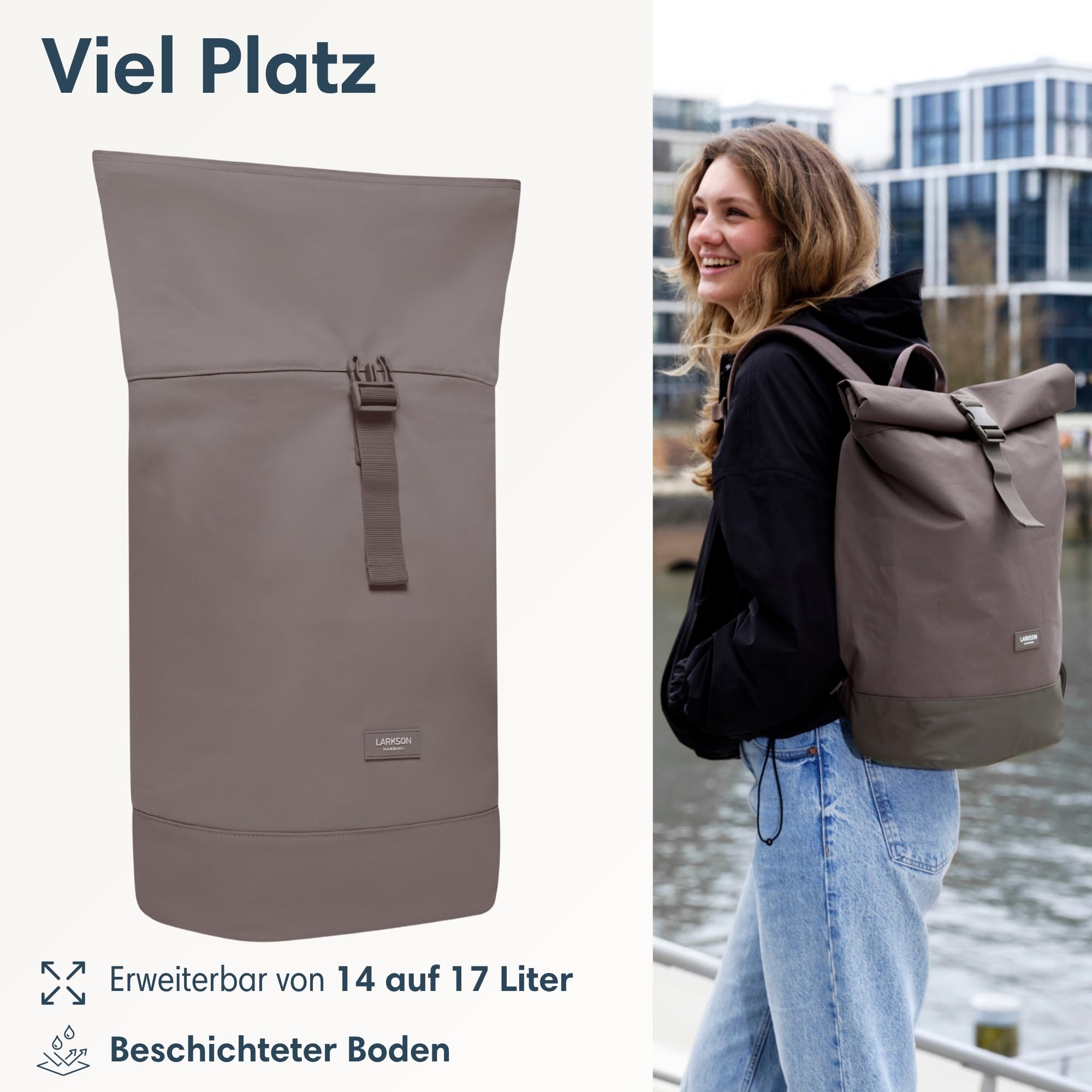 LARKSON Rucksack Damen & Herren Braun - Janne - Rolltop Rucksack mit Laptopfach für Uni, Arbeit, Reise & Fahrrad - Backpack Tagesrucksack Mittelgroß - Wasserabweisend
