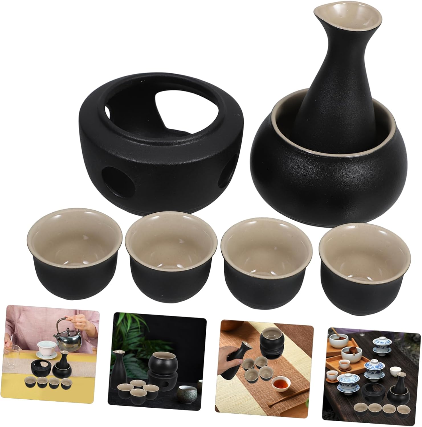 Vintage Ceramic Sake Set with Heating Base and Cups