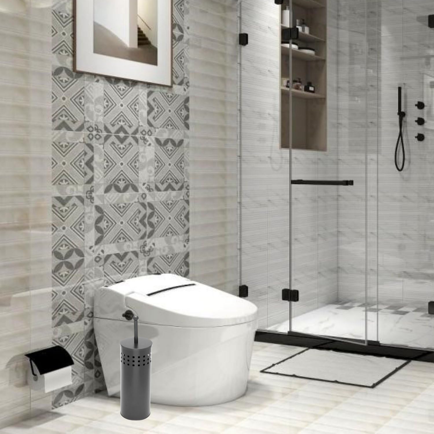 HIHIA Black Toilet Plunger with Holder Caddy for Bathroom Metal Canister Holder Drip Cup Stand, Heavy Duty, Cup Holder Inner, Deep Cleaning, Made of Metal