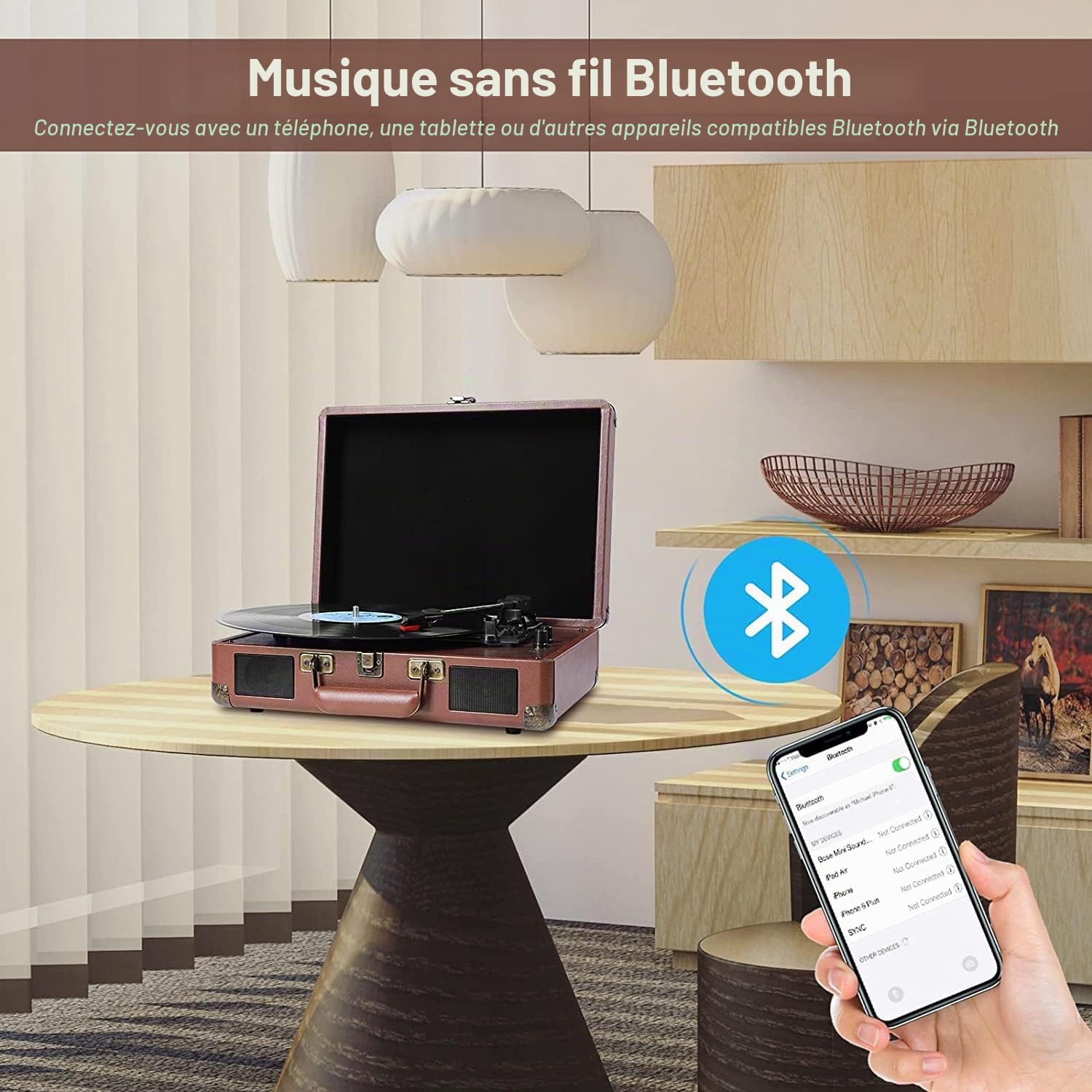 VOKSUN Platines vinyles, Tourne Disque Vinyle Bluetooth avec 33/45/78 RPM, 2 Haut Parleurs Intégrés, Enregistrement Vinyle vers Audio, RCA/Aux/USB/LP, Design Valise (Rouge Brun)