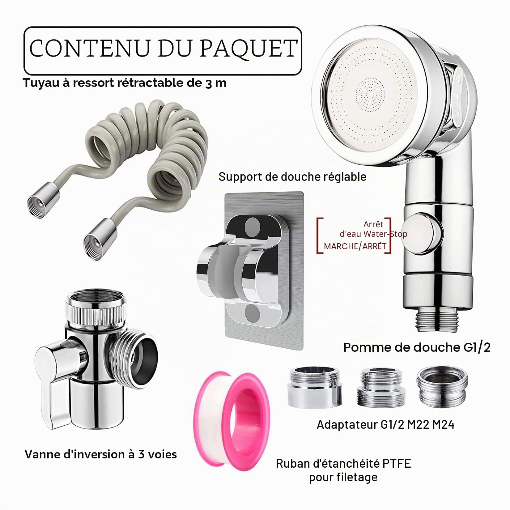 3 Modes Douchette Lavabo Salle de Bain avec Tuyau Télescopique de 2m et Support, Ensemble Pommeau Douche pour Lavabo avec 3 Voies Valve Inverseur de M22-24 G1/2(Gris Tuyau)