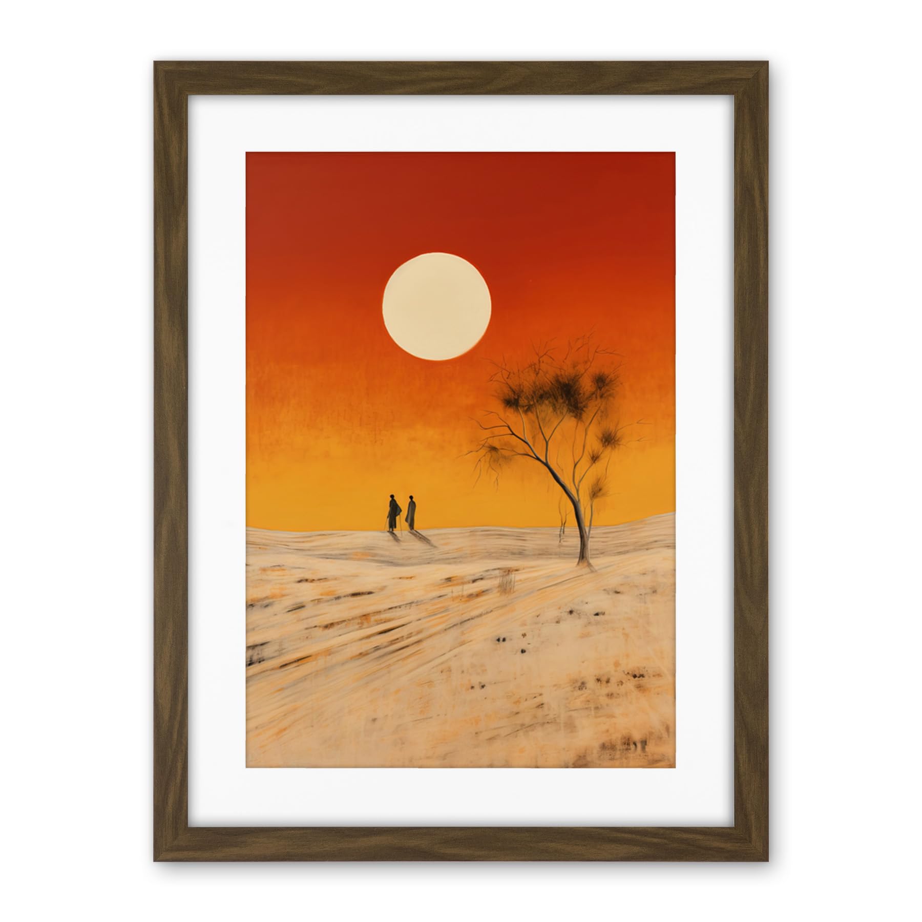 Artery8 Desert Landscape Sunset Sun Oil Painting Amber Orange Yellow Windswept Dunes Artwork Framed Wall Art Print 18X24 Inch