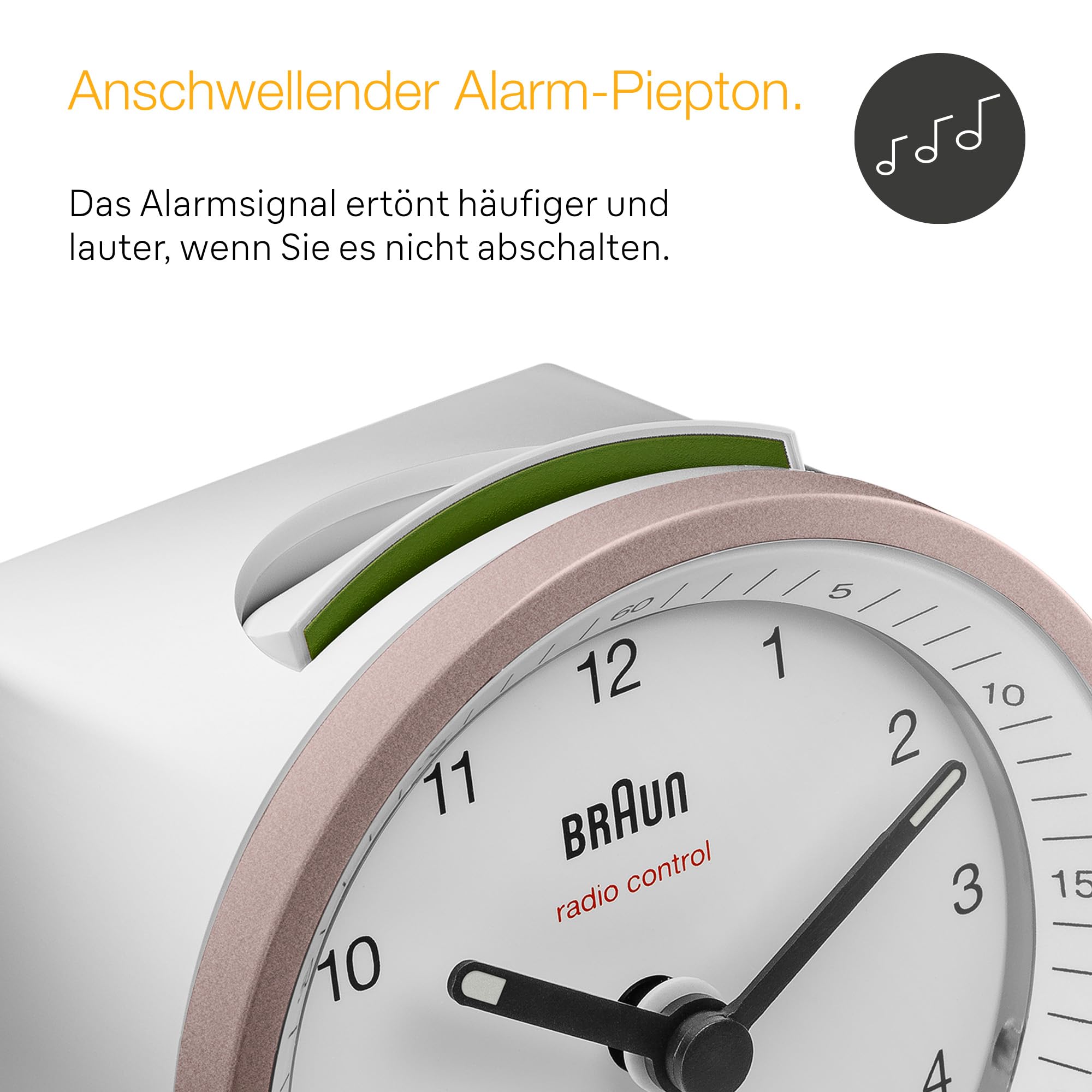 Klassischer analoger Funkwecker von Braun für die Mitteleuropäische Zeitzone (MEZ/GMT+1) mit Schlummerfunktion und Beleuchtung, ruhigem Uhrwerk, Crescendo-Alarm in Weiß und Rose, Modell BC07PW-DCF