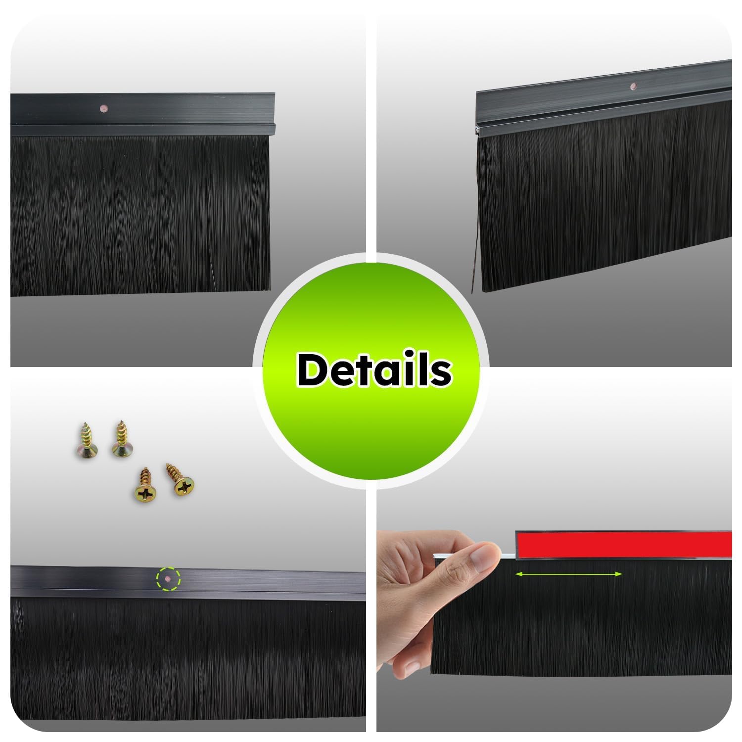 2 Paquetes de Barredor Inferior para Puerta - 1000mm x 90mm - Soporte en Forma de H de Aleación de Aluminio Negro con Cerdas de Nylon