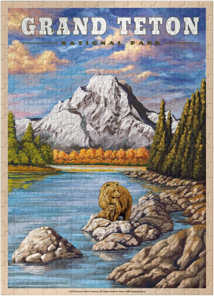 MyPuzzle Grand Teton National Park - Grizzly Bear Hug, Vintage Travel Poster - Premium 1000 Piece Jigsaw Puzzle for Adults