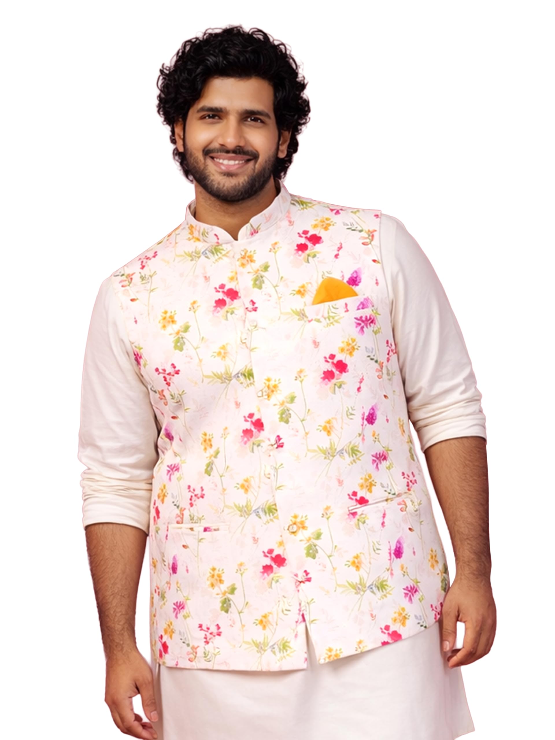 vastramay Men Cream Silk Blend Digital Floral Printed Nehru Jacket | Concealed Placket | Festive, Wedding & Durga Puja Outfit-picture-26