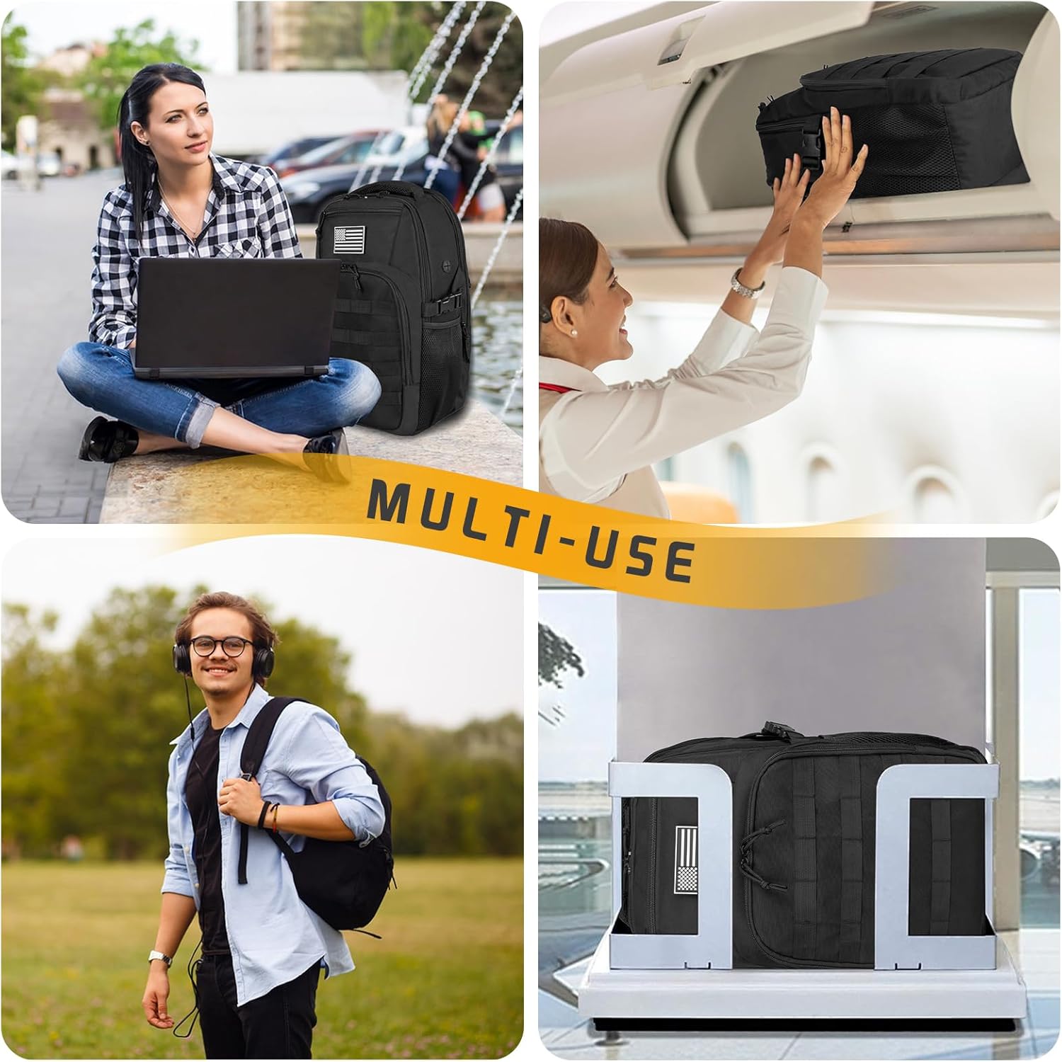 15.6'' Travel Laptop Backpack for Men, 30L Tactical College Backpacks with Water Pouches Both Sides, Portable Backpack for Men Women Business Work Bag Fight Approved, Black Backpack