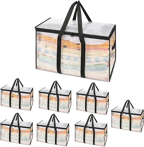 Bolsas de mudanza transparentes resistentes Paquete de 8 bolsas de almacenamiento de 110L con asas fuertes, cremallera, impermeables,