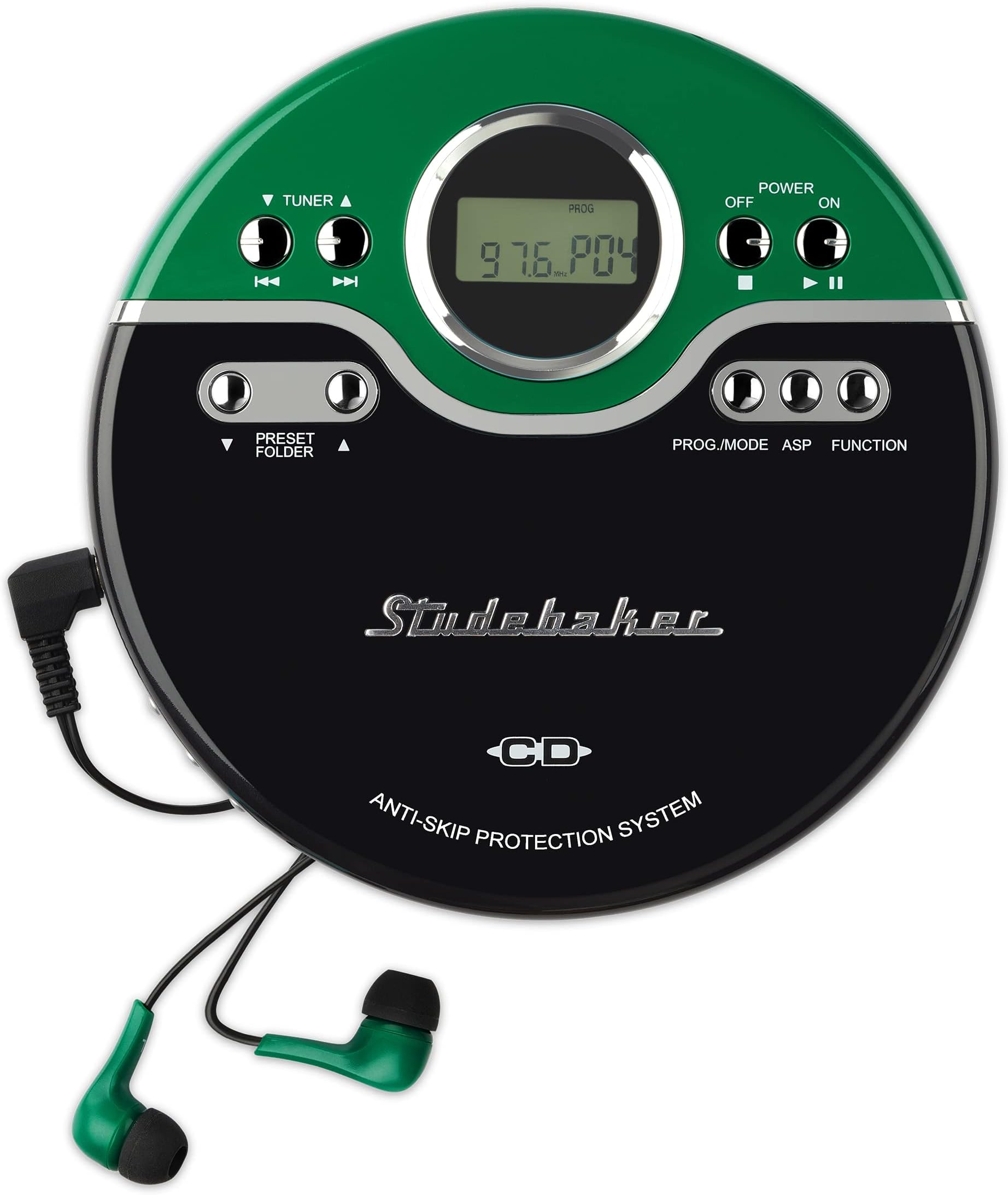 Studebaker Green Retro Portable CD Player | CD-R/RW MP3 Playback | Programmable Personal CD Player | Anti-Skip | FM Radio | Mega Bass Boost | Sport Earbuds (Vintage Green)