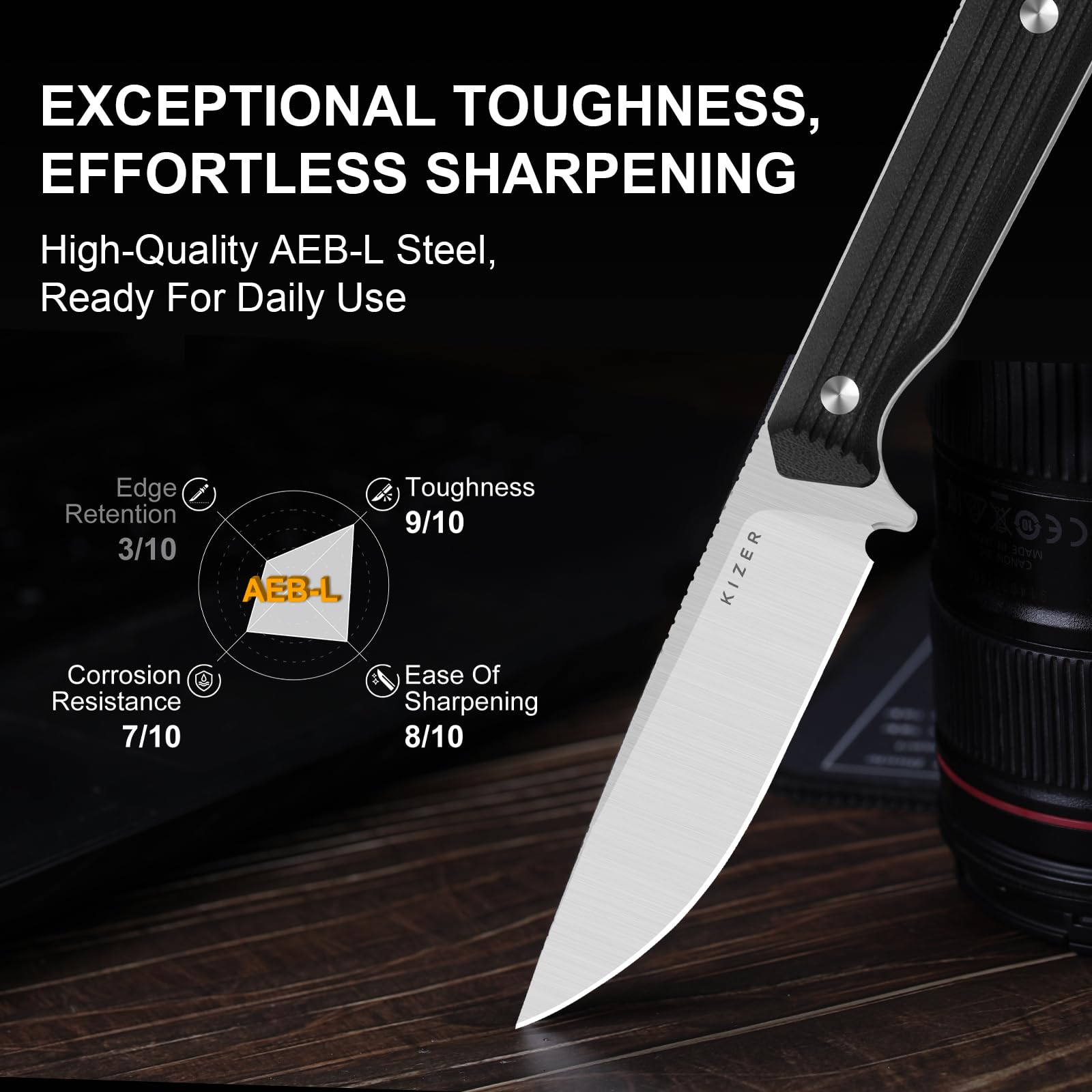 Kizer Begleiter Fix Cuchillo de Hoja Fija, Hoja AEB-L de 3,78" con Punta Descendente, Funda Kydex, Mango G10 Negro, Cuchillo EDC para Camping, Caza y Supervivencia 1045MD2