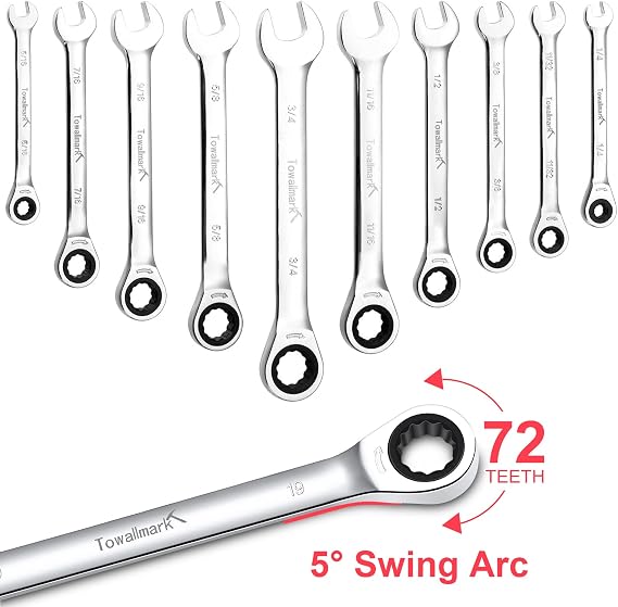 Towallmark 20-Piece Ratcheting Combination Wrench Set, Combo Ratchet Wrenches Set, 72 Teeth, SAE 1/4-3/4& Metric 6-19mm, Chrome Vanadium Steel with Storage Bag