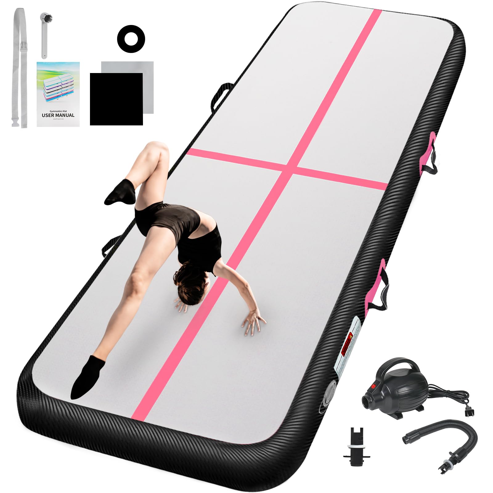 Inflatable Gymnastics Mat 10ft/13ft/16ft/20ft/ Air Tumbling Track Mats 4/8 inches Thick for Home Use/Training/Cheerleading/Yoga/Water with Pump