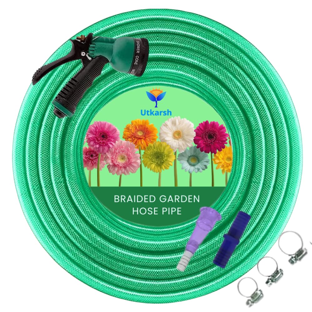 Utkarsh Heavy Duty PVC Braided Water Hose Pipe - 10 Meter / 0.5 inch, with 8-Mode Spray Gun, 1 Tap Adapter, Connector & 3 Clamps for Garden, Car Wash, Floor Clean, Pet Bath, Indoor/Outdoor (32.8 ft)-image-39