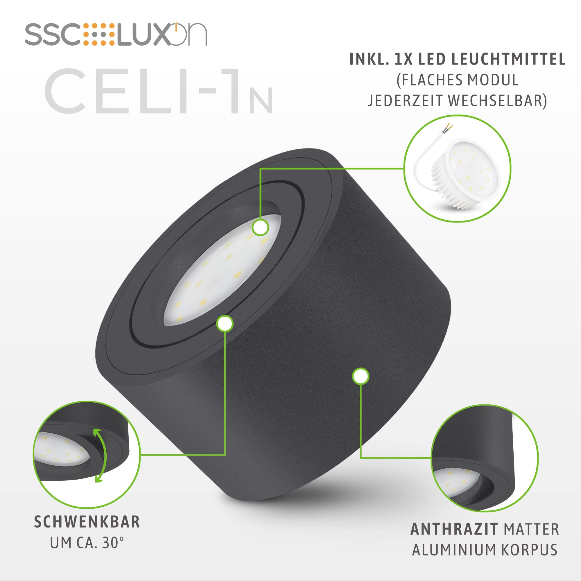 SSC-LUXon 4 Stück CELI-1N Aufbauspots flach schwenkbar kompatibel mit Alexa, Siri & Google - Deckenspot mit Smart RGB+W LED Lampe