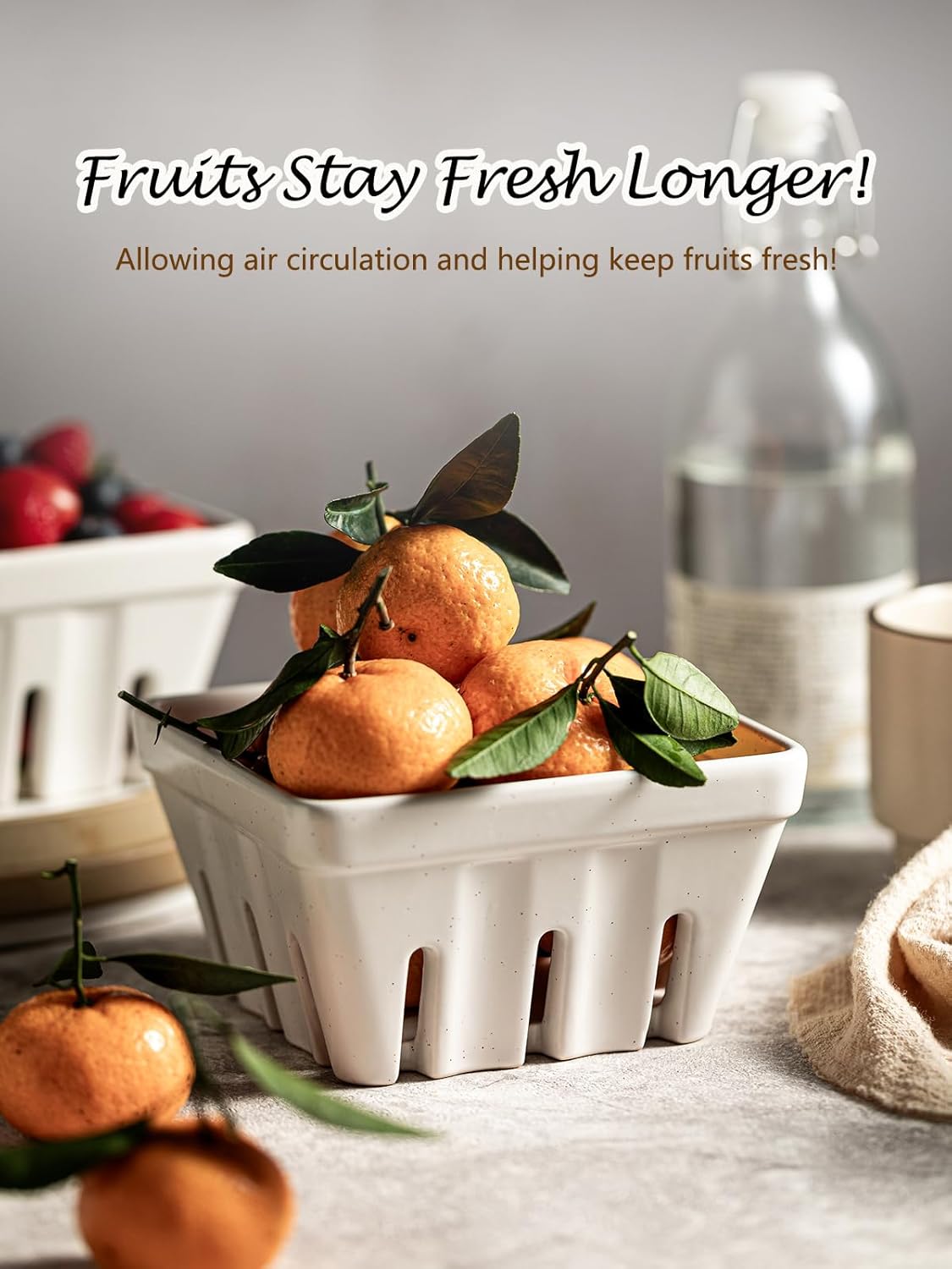 Gomakren Fruit Bowl with Holes, Ceramic Berry Basket Set of 2, 5.7 Inch Square Fruit Basket for Kitchen Counter, Rustic Berry Containers, Farmhouse Kitchen Mothers Day Decor - Cream White