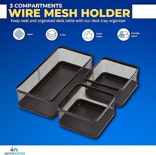 Miniatura 2 de 1InTheOffice Cestas de escritorio y bandeja organizadora, bandeja de malla negra, malla de alambre negro, 3 compartimentos apilables