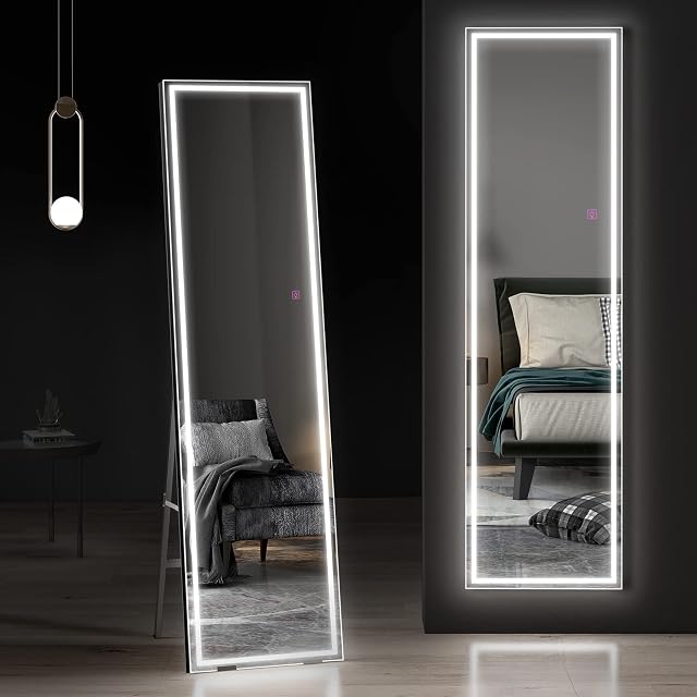 Dripex LED Full Length Mirror, 150x40cm Free Standing Floor Mirror, Wall Mounted Hanging Mirror with Lights, Full Size Body Mirror with Dimming & 3 Color Lighting for Bedroom