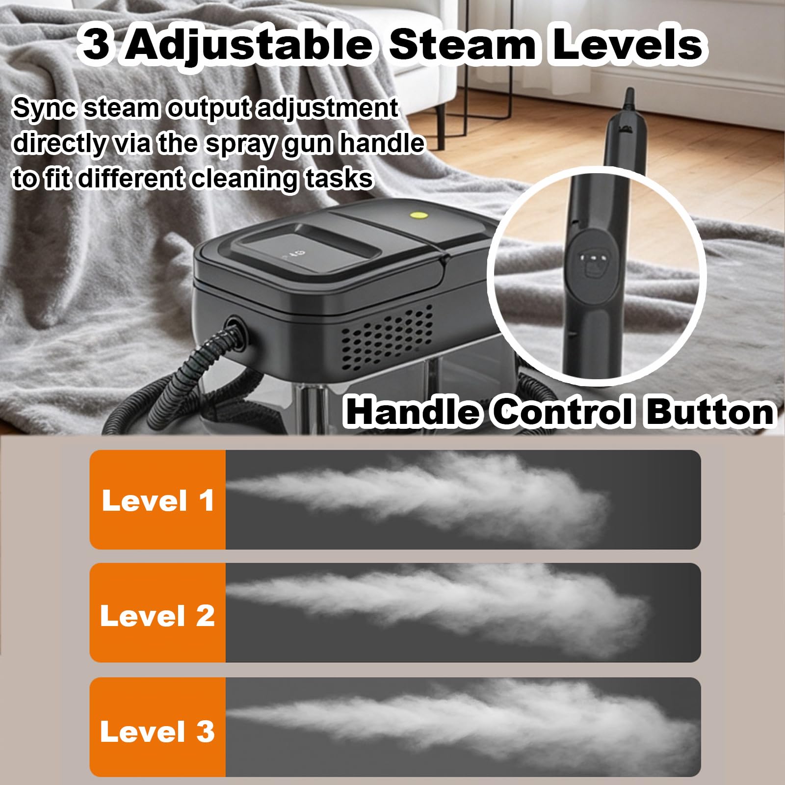 Limpiador A Vapor con Control Manual, DepóSito Amplio De Agua | 3 Niveles Regulables De Vapor, BotóN De Control En Pistola, Boca De Llenado Ancha