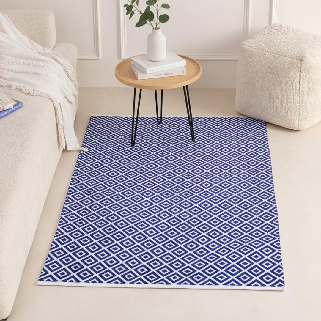 HOMEMONDE Pit Loom Area Rug, Cotton Diamond Design Bedroom, Living Room Rectangular Carpet, Hand Woven Washable Floor Mats - (Blue & White, 3 X 5 Feet)