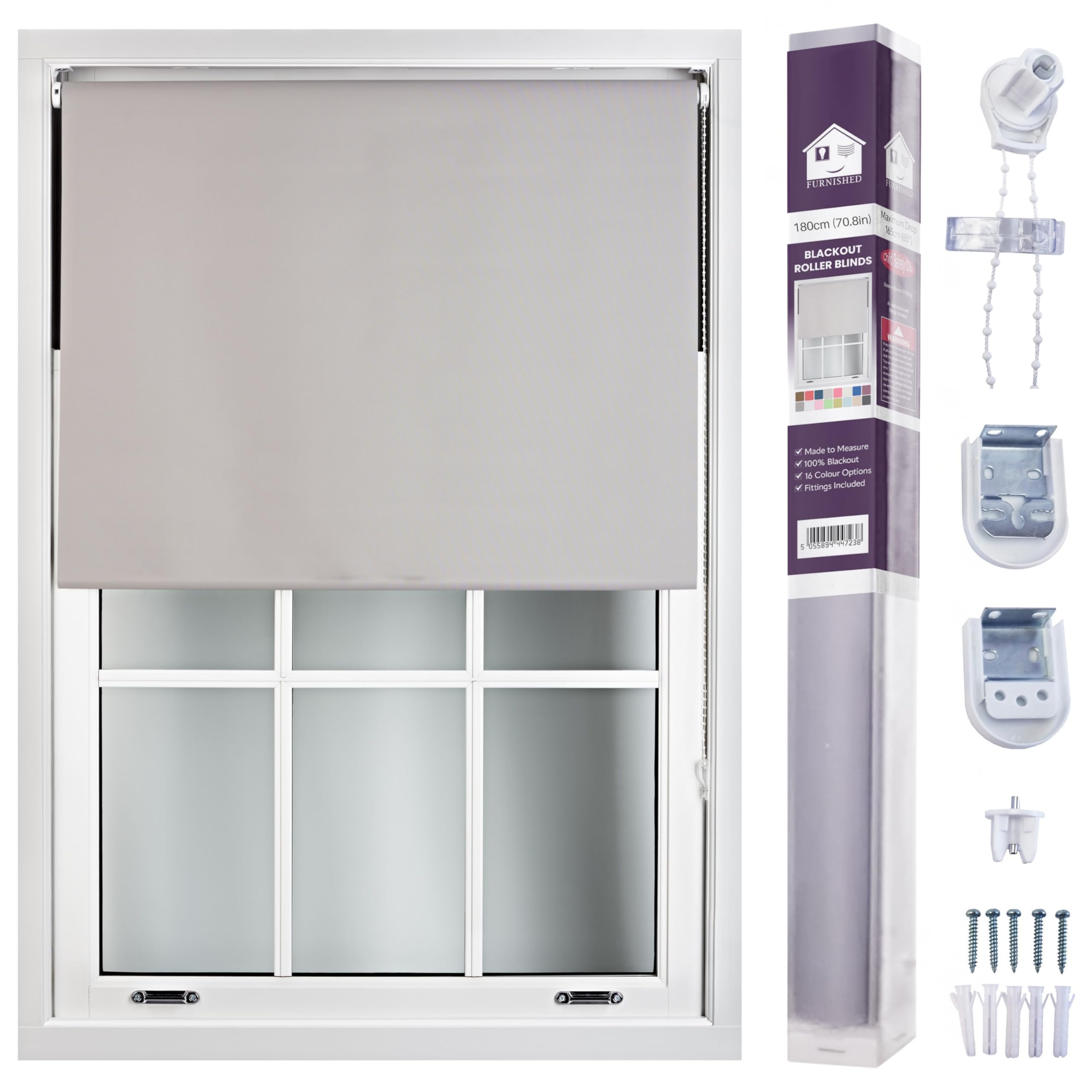 FURNISHED Roller Blinds Window Blackout Blind - 100% Black Out Thermal Fabric Easy Fit Fittings - Custom Made to Measure Blackout Blind Bedroom Bathroom Kitchen, Grey Gray, Up to 180W x 165H cm