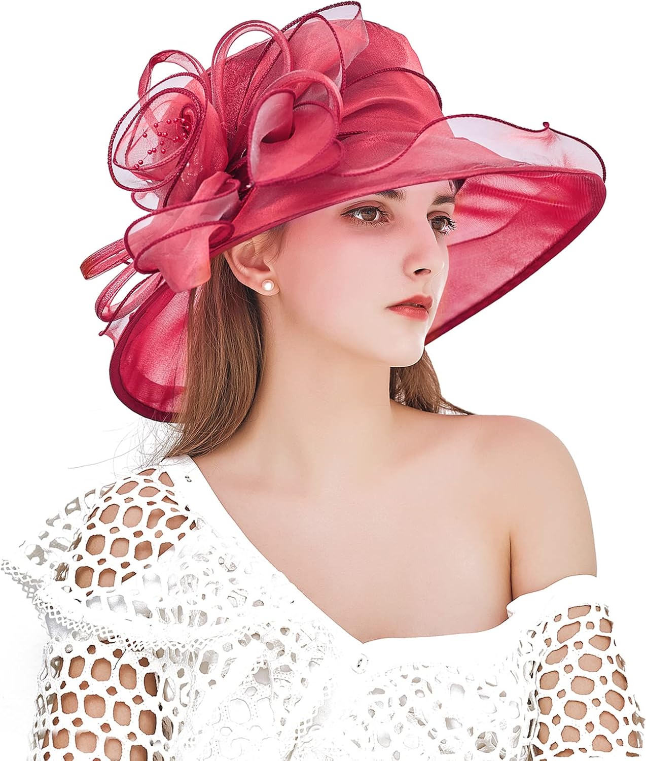 Women Derby Fascinator Hat Organza Church Wedding Hats Wide Brim Cocktail Tea Party Hat - Image 2