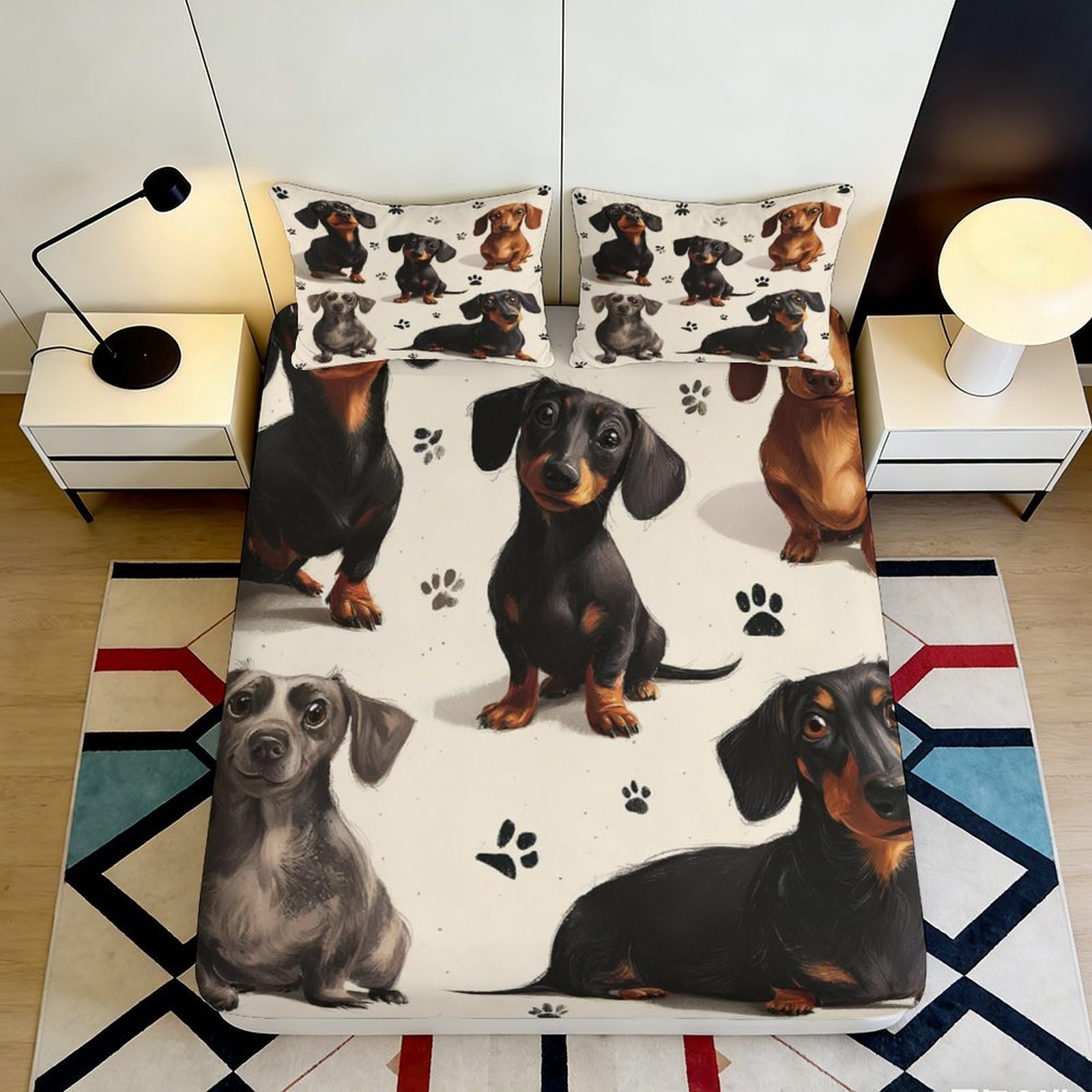 3D Printed Dachshund Pattern Fitted Sheet Microfiber Soft Breathable Puppy Paw Mattress Cover for Bedroom Dormitory Guest Room Mattress Protection Decor 120x200x25cm