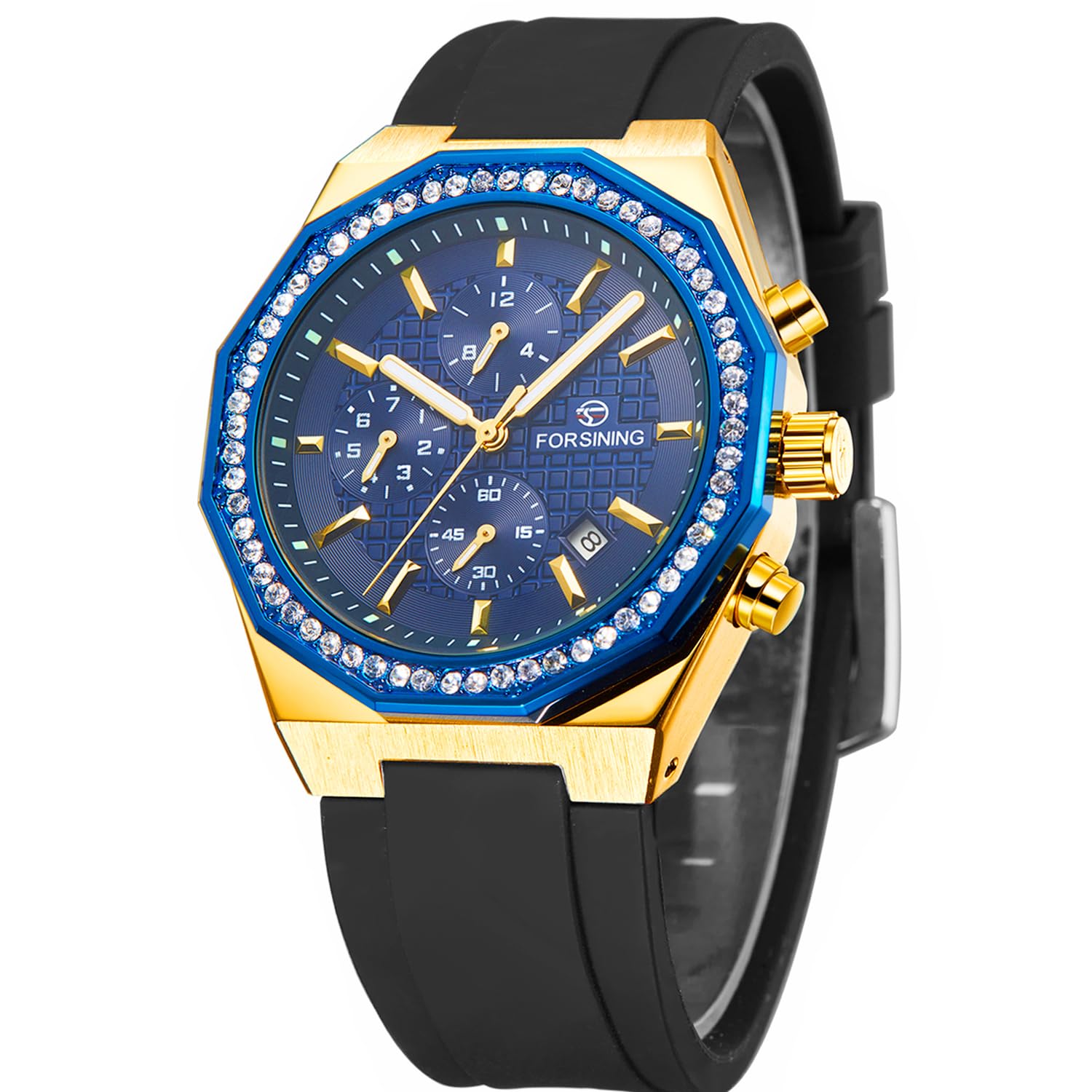 FORSINING Herren Automatik Selbstaufzug Dodecagon Uhr Kalender Mode Diamant Chronograph Mechanische Uhr mit Silikonband