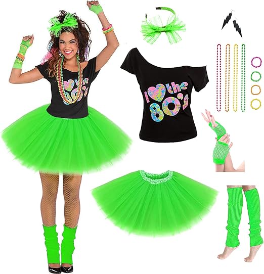 Women's 80's Costumes with Accessories Set Tutu Skirt Earrings Necklace Bracelets Fishnet Gloves Legwarmers Headband All in …