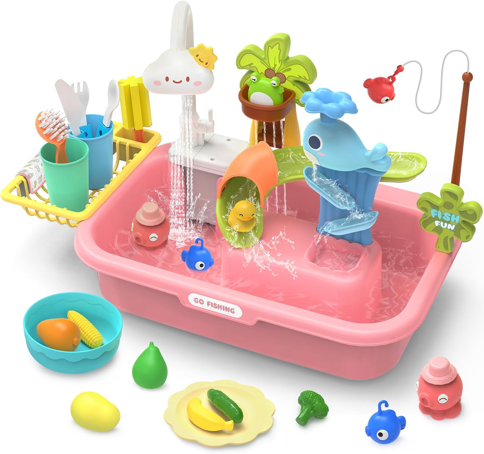 HOLYFUNPlay Sink with Running Water, Kitchen Sink Toy with Upgraded Electric Faucet, Water Slide Track, Fishing Game Pool, and Floating Toys for Pretend Play,Dishwasher Toy for Kids and Toddlers