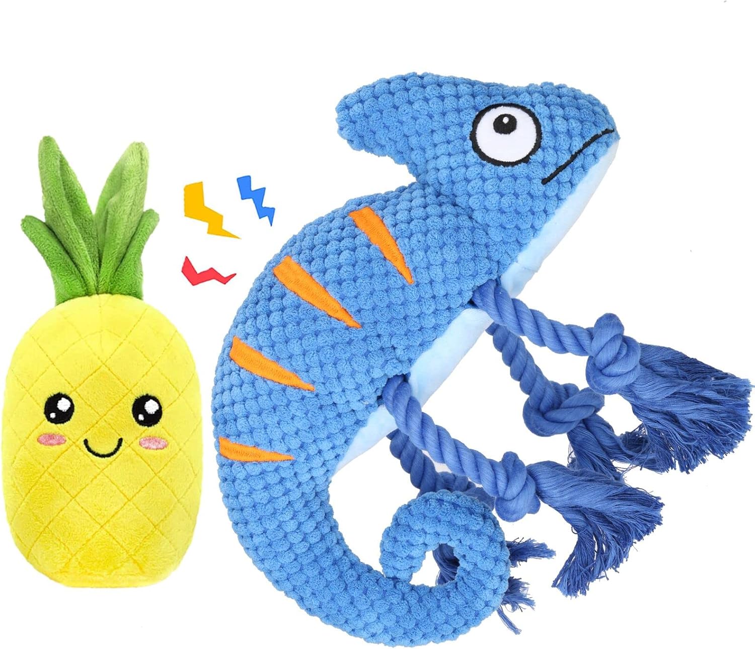 KeFanta Squeaky Dog Toys, Plush Dog Toys for Medium and Small Dogs, Cute Lizard and Pineapple 2-in-1 Puppy Chew Toys - Blue