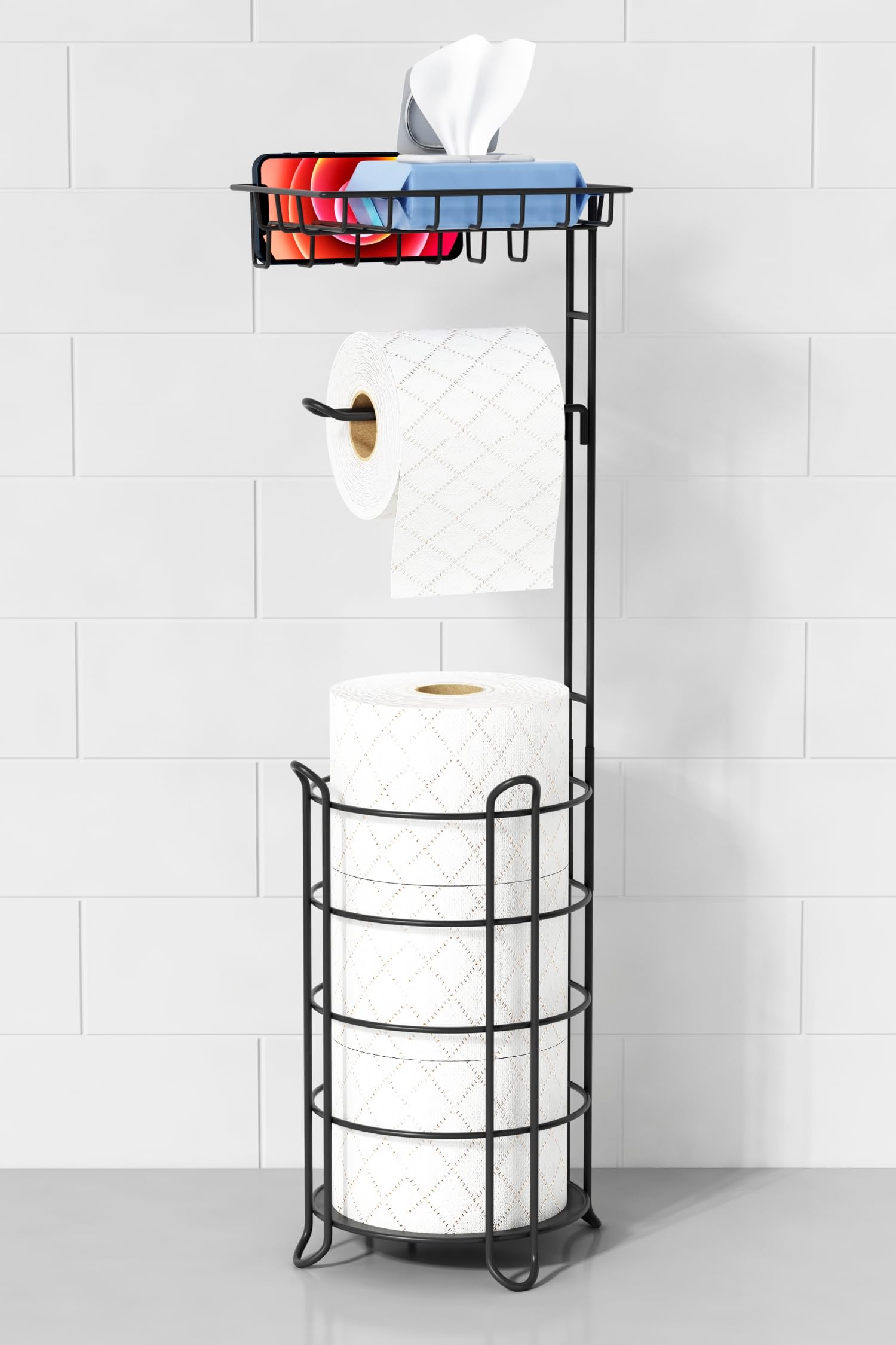 Goozii Black Toilet Paper Holder Free Standing with Shelf, Stand Up Bathroom Tissue Holder with Wipes Storage, Rustic Farmhouse Toilet Roll Holder with Tray for Phone, Extra Large Rolls (Matte Black)