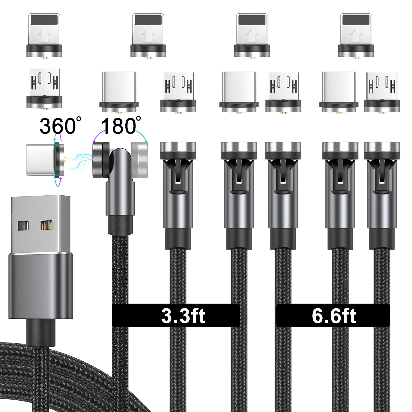 NetDot 540°Rotation 3in1 Magnetic Charging Cable, Gen15 6 Pack (3.3/3.3/3.3/6.6/6.6/6.6ft) Magnetic Phone Charger and Magnetic Charger for Micro USB, USB-C/Type C and i-Product