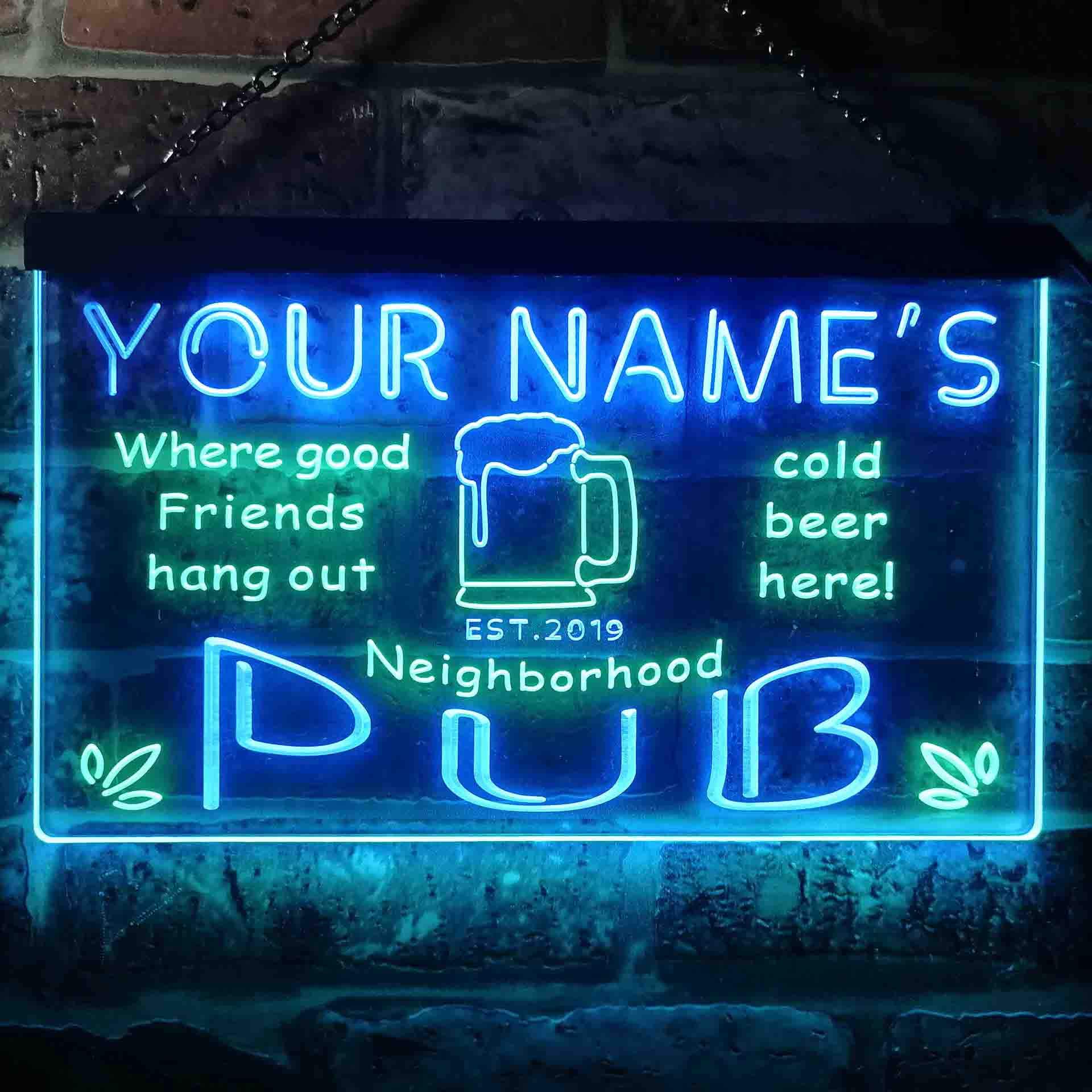 Personalized Your Name Est Year Theme Neighborhood Pub Bar Dual Color LED Enseigne Lumineuse Neon Sign Vert et bleu 600 x 400mm st6s64-pg1-tm-gb