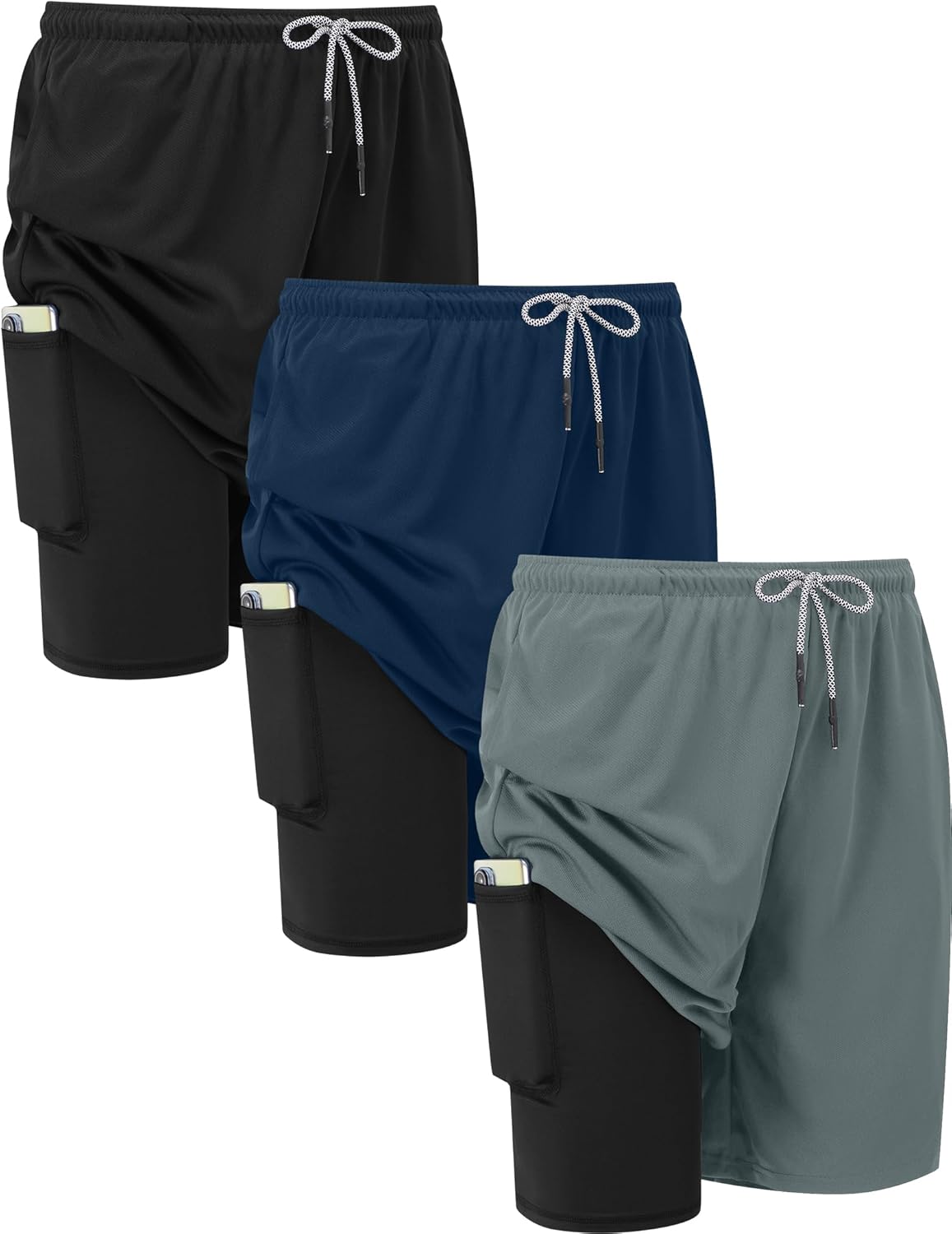 HovSiyla 3 Pack Mens 2 in 1 Running Shorts Gym Workout Quick Dry Athletic Training Liner Ligheweight with Zipper Pocket