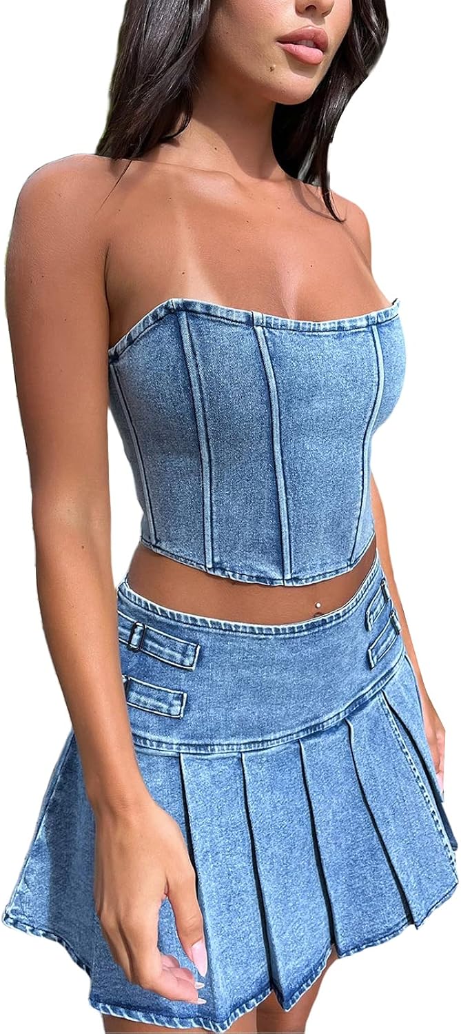 Women's Denim Set Pleated Denim Skirt and Tube Top 2-Piece Outfits Sexy Flowy Ruffle Jean Set Summer Casual Streetwear