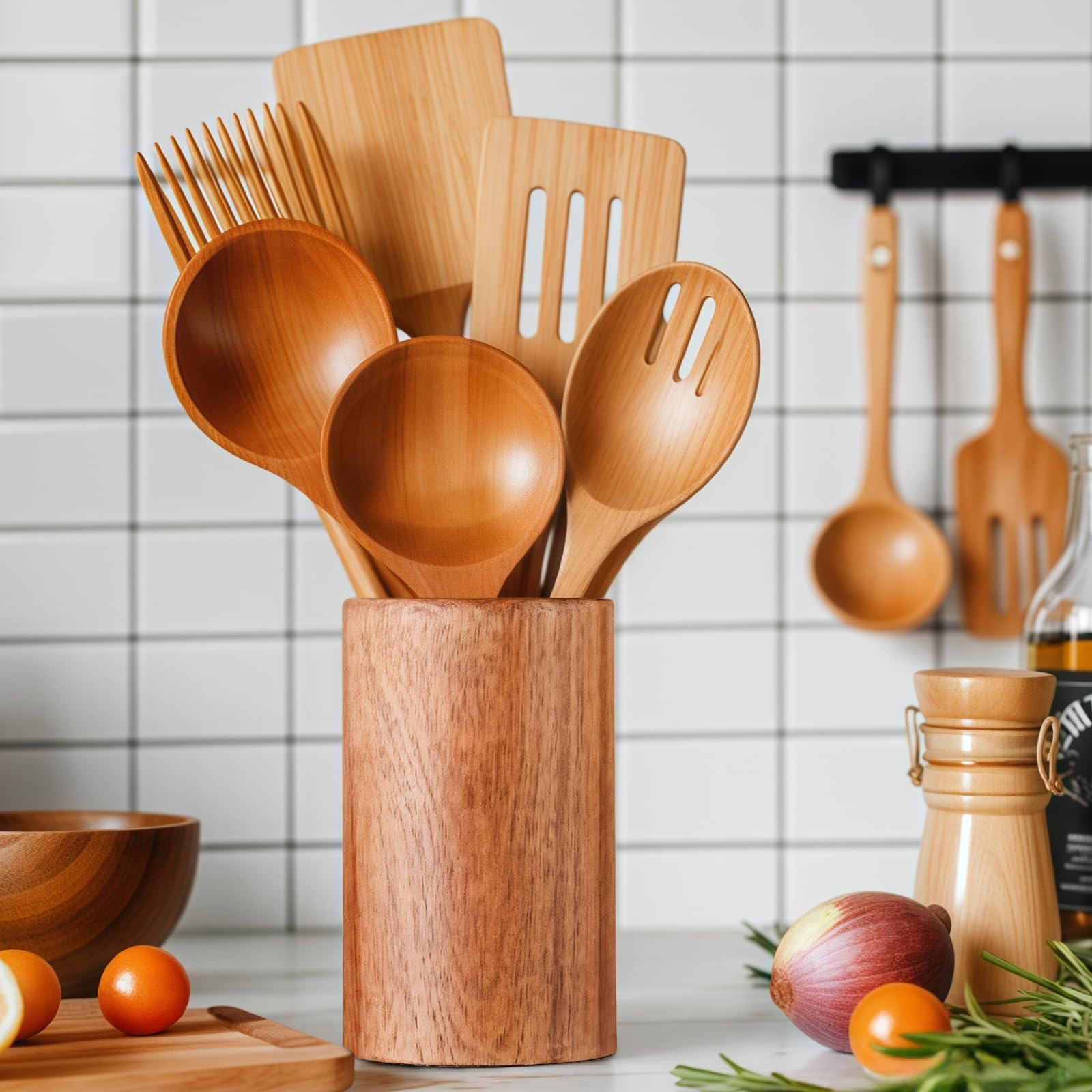 Generisch Holz-Küchenutensilienhalter, zylinderförmig, 6 x 3,5 Zoll Aufbewahrung für Kochutensilien auf der Arbeitsplatte, vielseitiger Halter für Spatel, Löffel, Gabeln und mehr, mit glatter Form