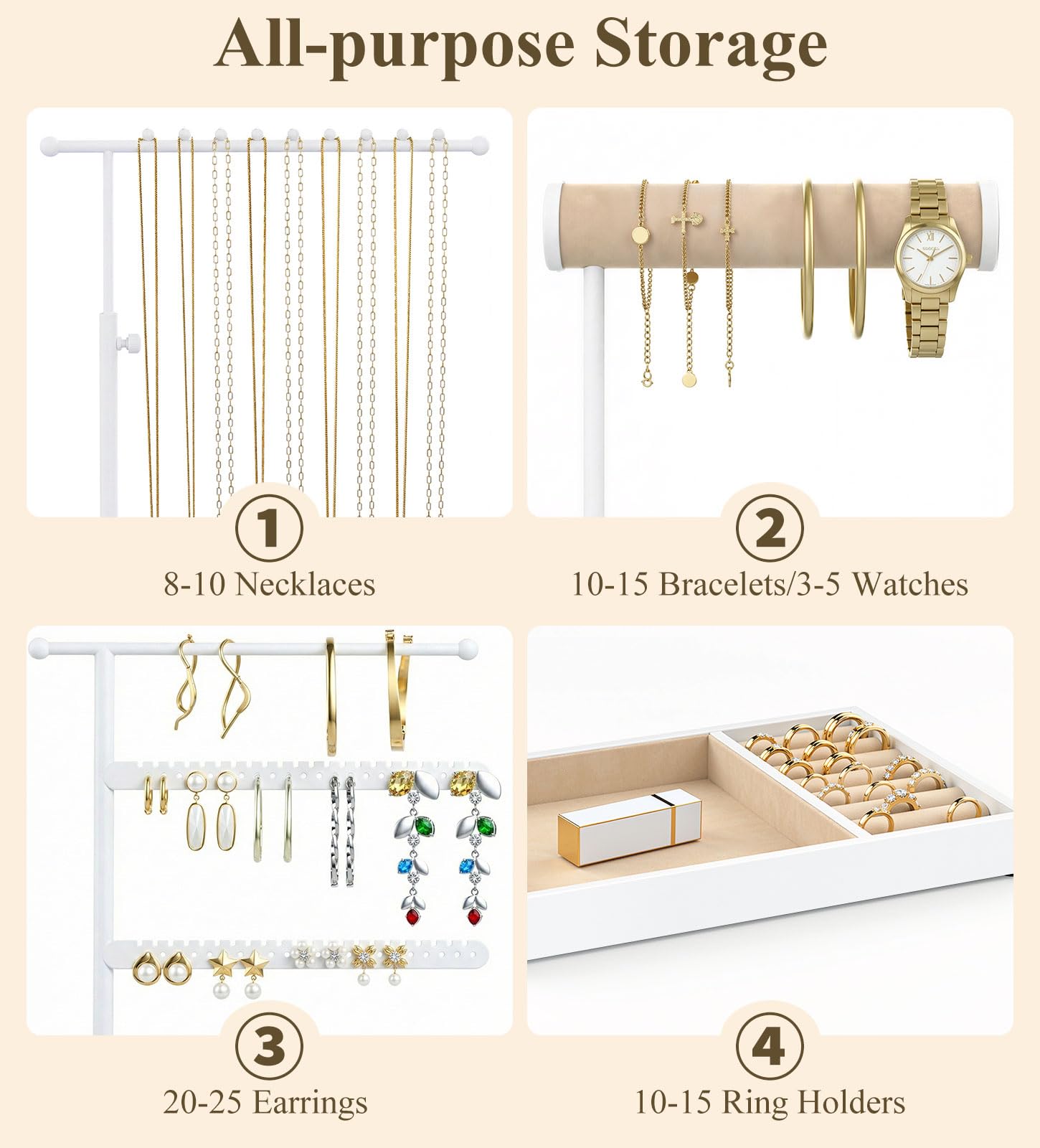 Emibele Sostenedor Collares Organizador Joyero Soporte Con Bandeja Terciopelo Organizador Joyero Torre Para Pendientes Brazaletes Y Collares Elegante Torre Joyero Regalos Para Mujeres, Blanco