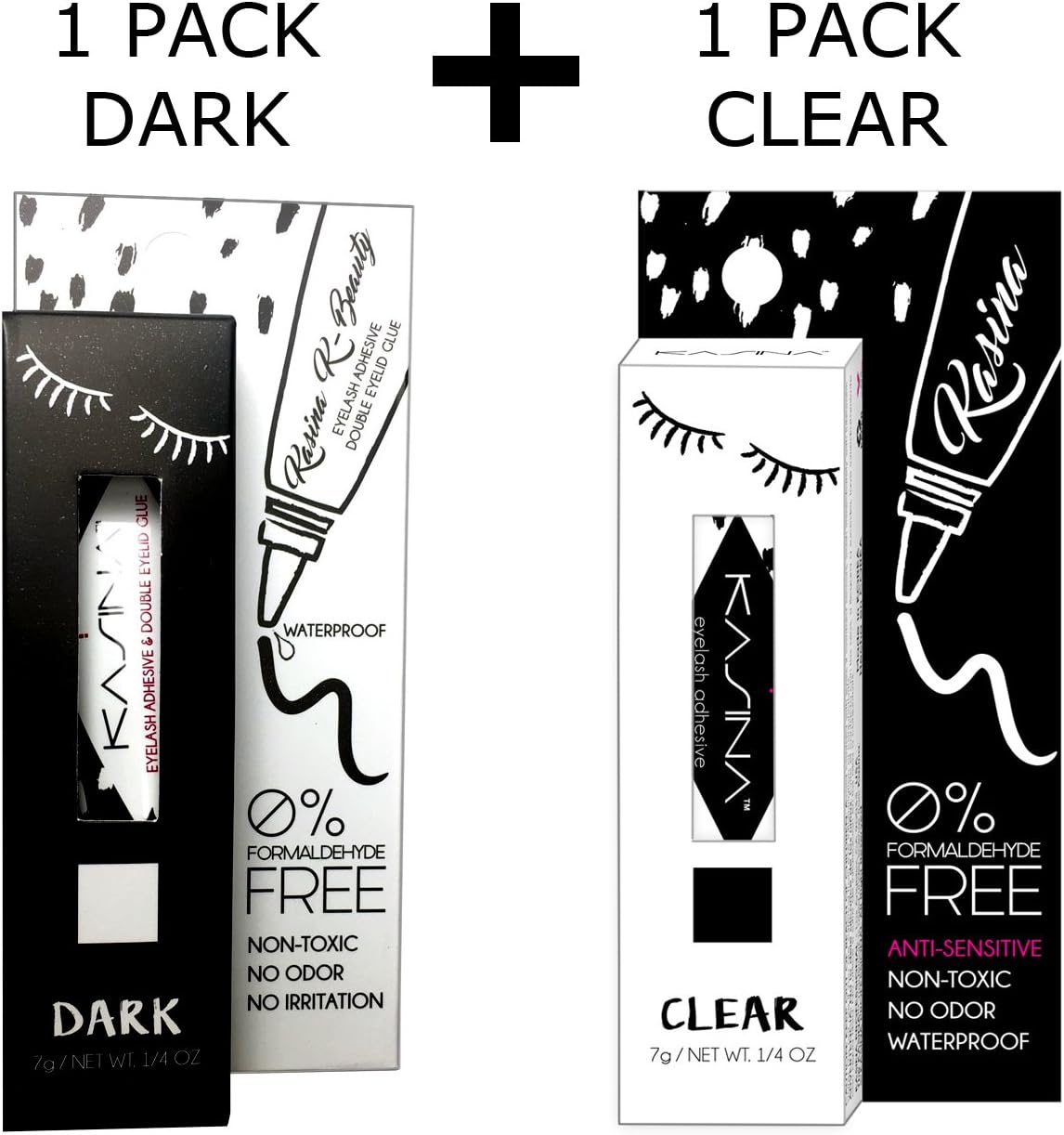 KASINA Lash Adhesive 'All Natural' 'Hot Issue Korean Beauty Glue' 0.25Oz. 7Gram - KASINA Professional (2pack, Dark & Clear)