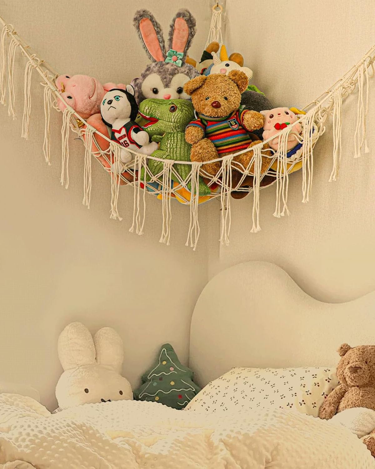 Hamac pour animaux en peluche Rangement de jouets Filet avec 3 crochets Décoration murale chambre d'enfant