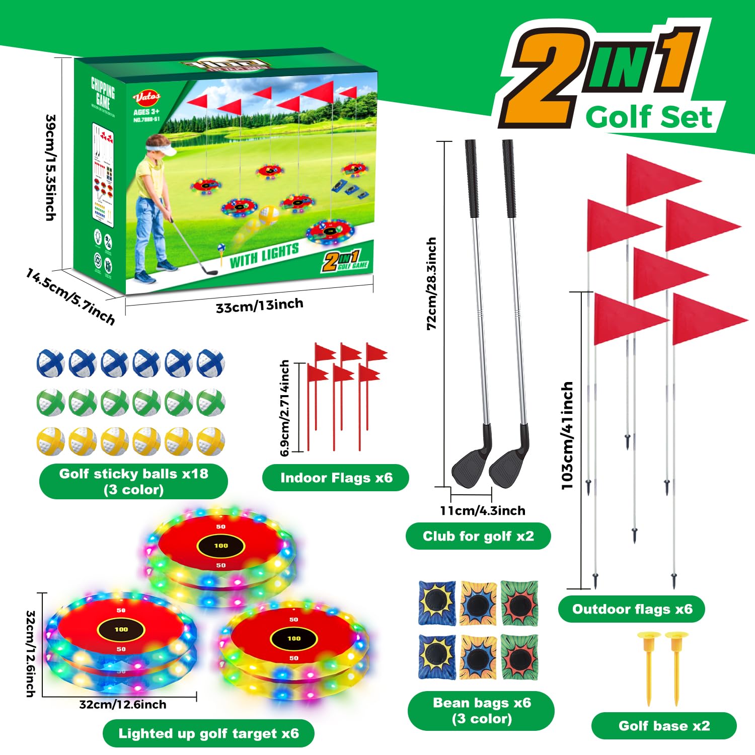 VATOS Juego de golf 2 en 1 con luz para niños - Juego de golf de astillado y lanzamiento de bolsa de puf con 6 objetivos LED, 2 palos, 18 bolas, juego de golf nocturno para fiesta en interiores al
