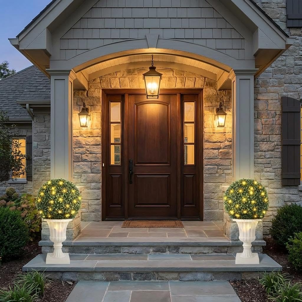 24" Pre-Lit Artificial Topiary Trees for Front Porch, 2-Pack Faux Boxwood Ball Plants with Remote & Timer, UV Resistant Potted Fake Trees for Outdoor Entrance, Christmas Home Decor (Vintage Urn Pot)