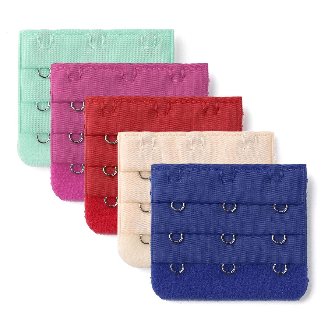 sourcing map 3 Hook 3 Row Stretchy Bra Strap Extenders Buckle Hooks Bra Band for Women Beige-Red-Royal Blue-Turquoise-Fuchsia 5 pcs