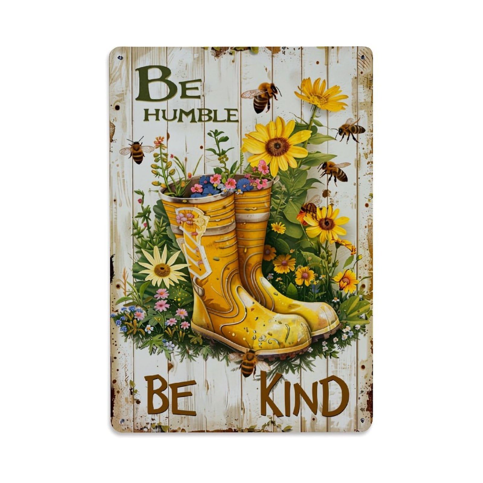 Yellow Boots With Flowers And Bees Retro Metal Tin Sign, Vintage Metal Poster for home, Gaming Room, Studio Workshop,Bar,Garage Wall Art Decor 8x12 Inch