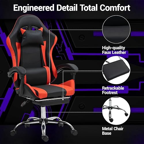 Vista 6 de Silla de masaje para juegos con reposapiés, silla ergonómica de videojuegos para adultos y niños, reposacabezas ajustable y soporte lumbar