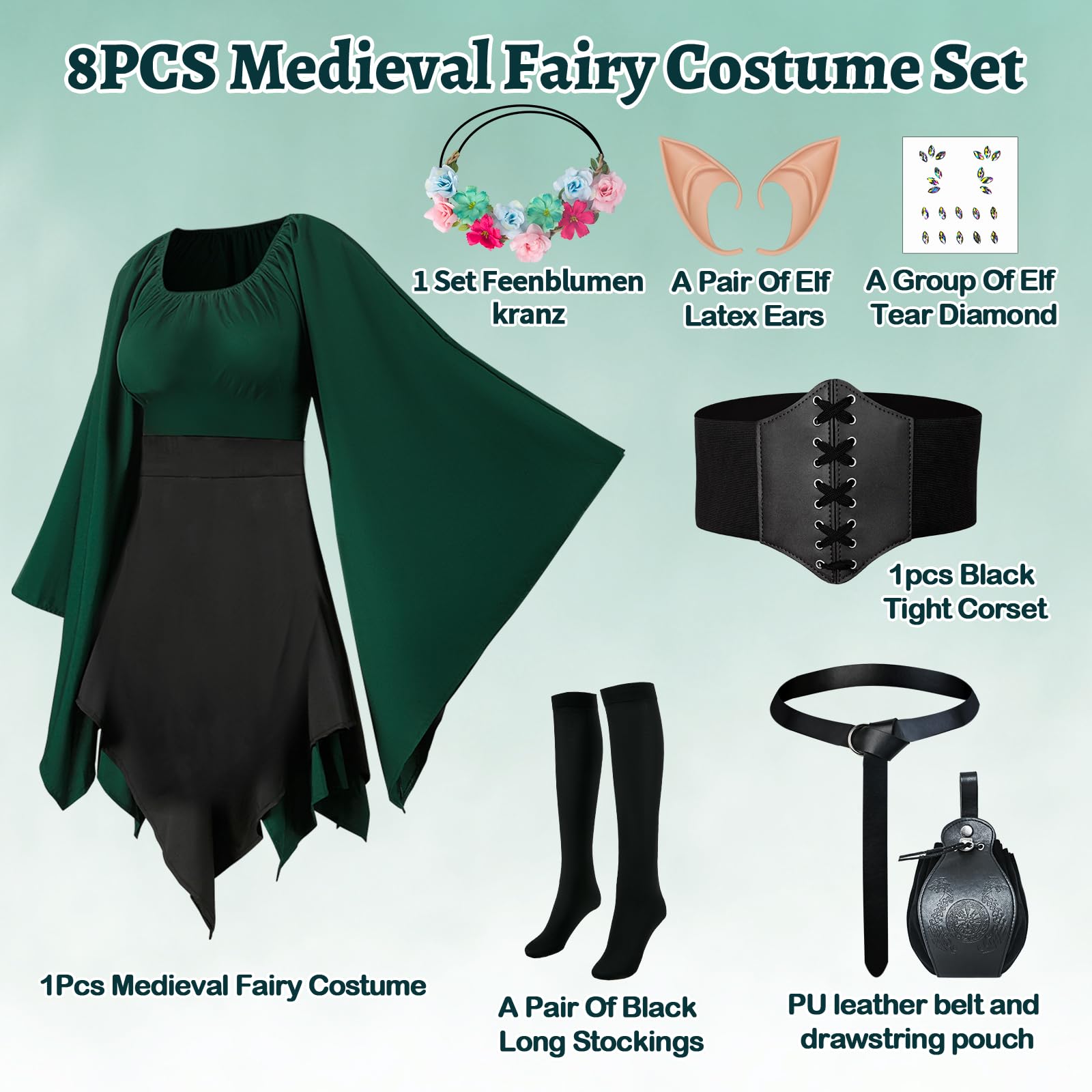 8 unidades vestido medieval tradicional irlandés vestido renacentista elfo disfraz con orejas de elfo, vestido de cosplay victoriano para Halloween.