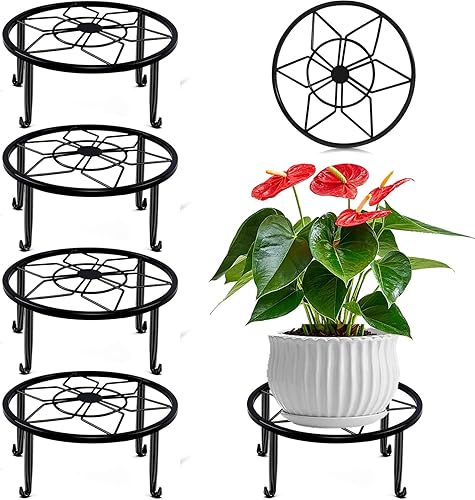 Paquete de 4 soportes de metal negro para macetas de piso para plantas de interior y exterior de 23 cm, soporte para macetas de flores resistente,