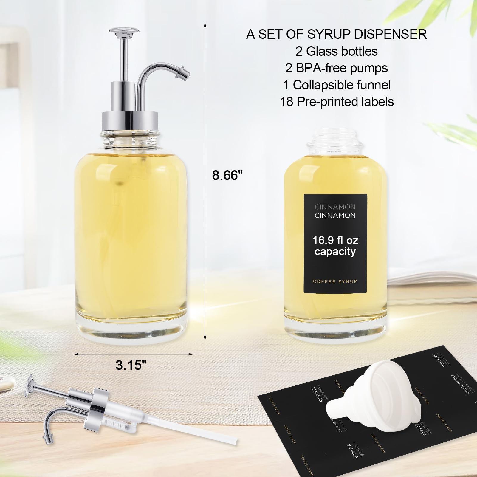 2 Dispenser per Sciroppo di Caffè con 18 Etichette, Pompa per Caffetteria, Bottiglia Minimalista in Vetro, Set di Bottiglie Semplici in Acero/Sciroppo