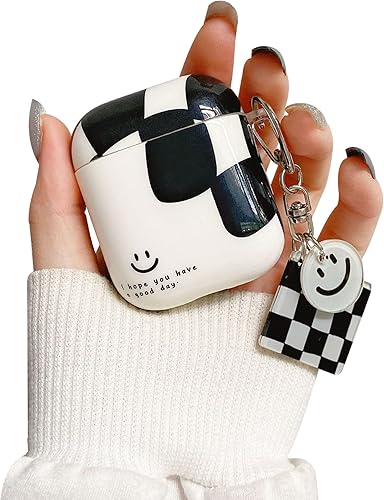 BONICI Funda protectora para AirPods 12, creativo y elegante, arte blanco y negro, cuadrícula a cuadros, cara sonriente, silicona suave, goma TPU,