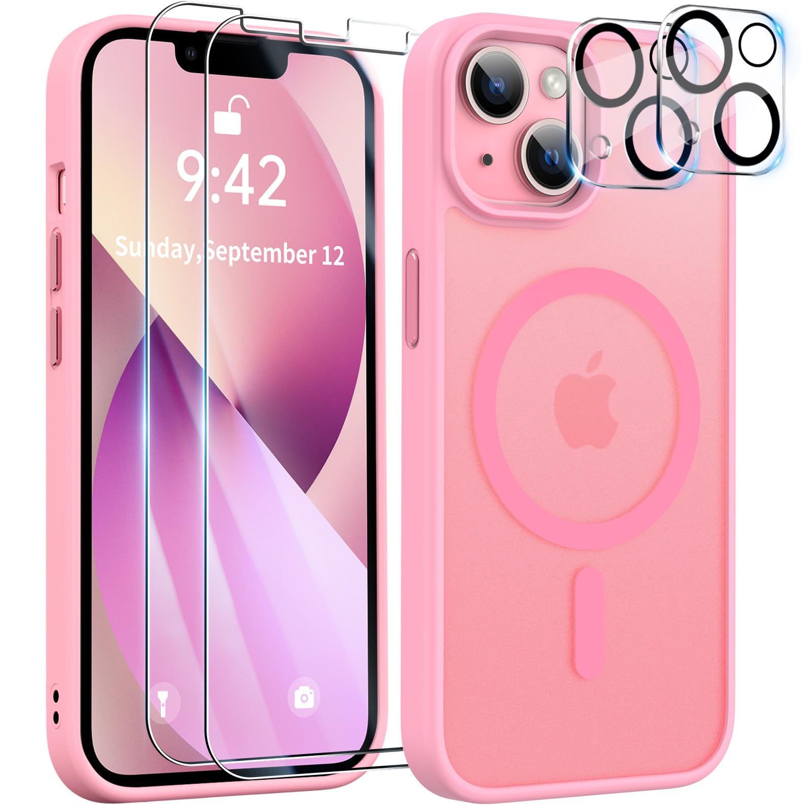 YisrLery 5 in 1 per Magnetica Cover iPhone 13 con 2 Vetro Temperato e 2 Vetro Fotocamera, Compatibile Mag Safe Hard PC Anti-Graffio Protettiva Case Antiurto Custodia con Bumper TPU (Rosa)