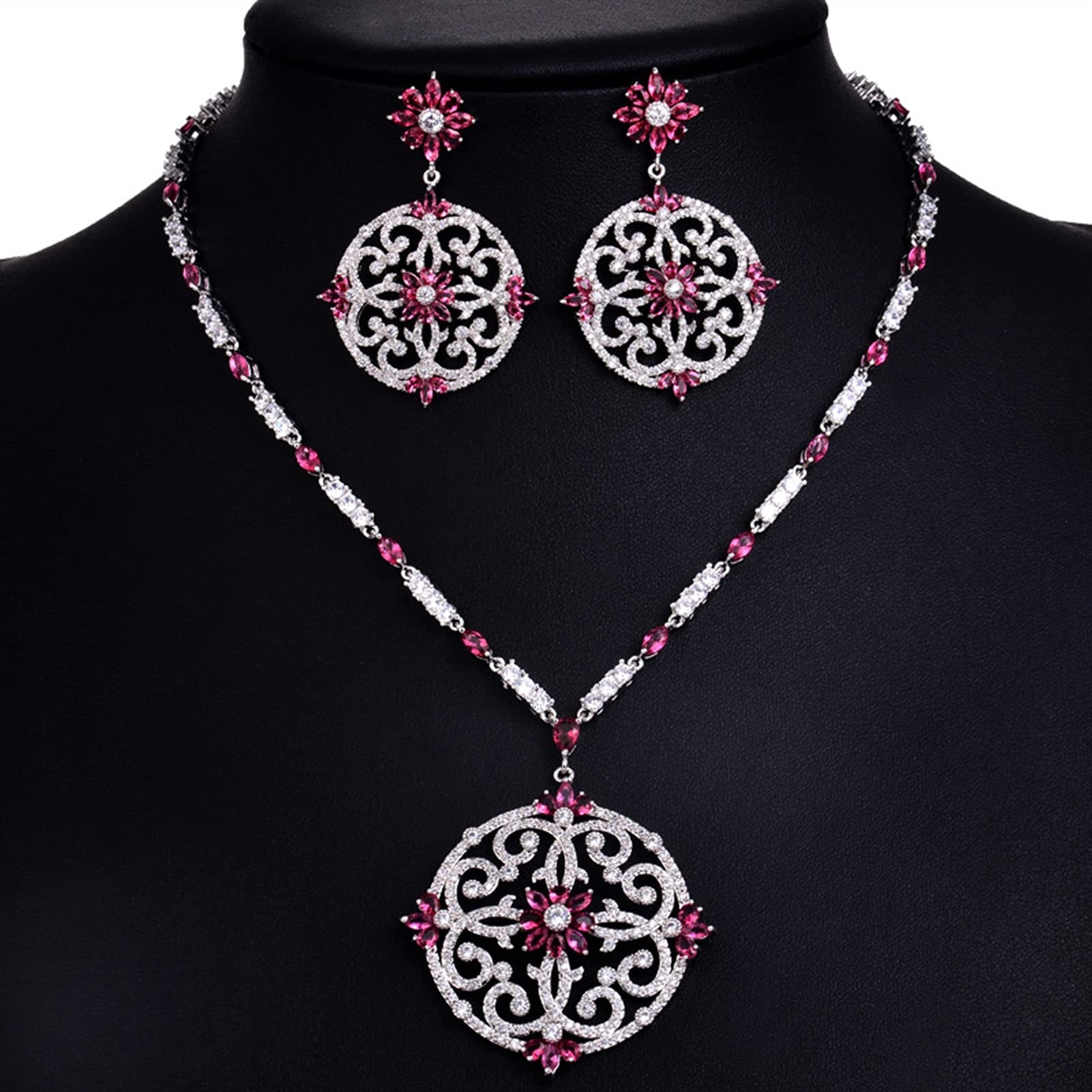 Conjunto de joyería Nupcial, Conjunto de joyería de Boda con Flor Grande de circonia cúbica de Color Oro Blanco